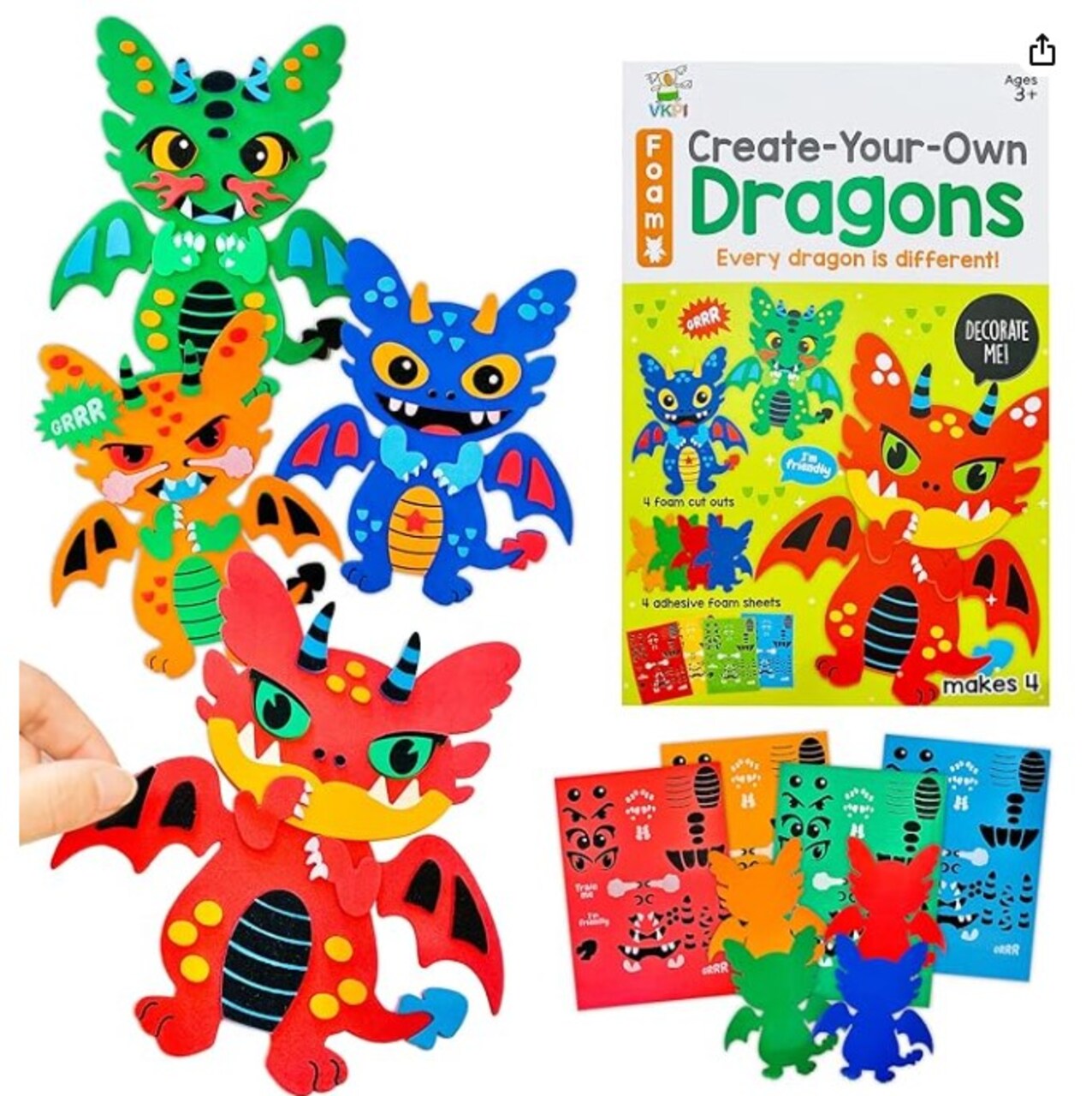 Creative 4 Pieces EVA Foam Art Crafts Gift Kit Toddler, Preschool Learning Toy for Birthday Party Favor Supplies, Make Your Own Dragon, Cartoon Foam Paper Craft Projects for Kids Ages 4+